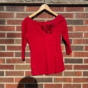 LOFT Red Floral Boat Neck Long Sleeve Blouse Top